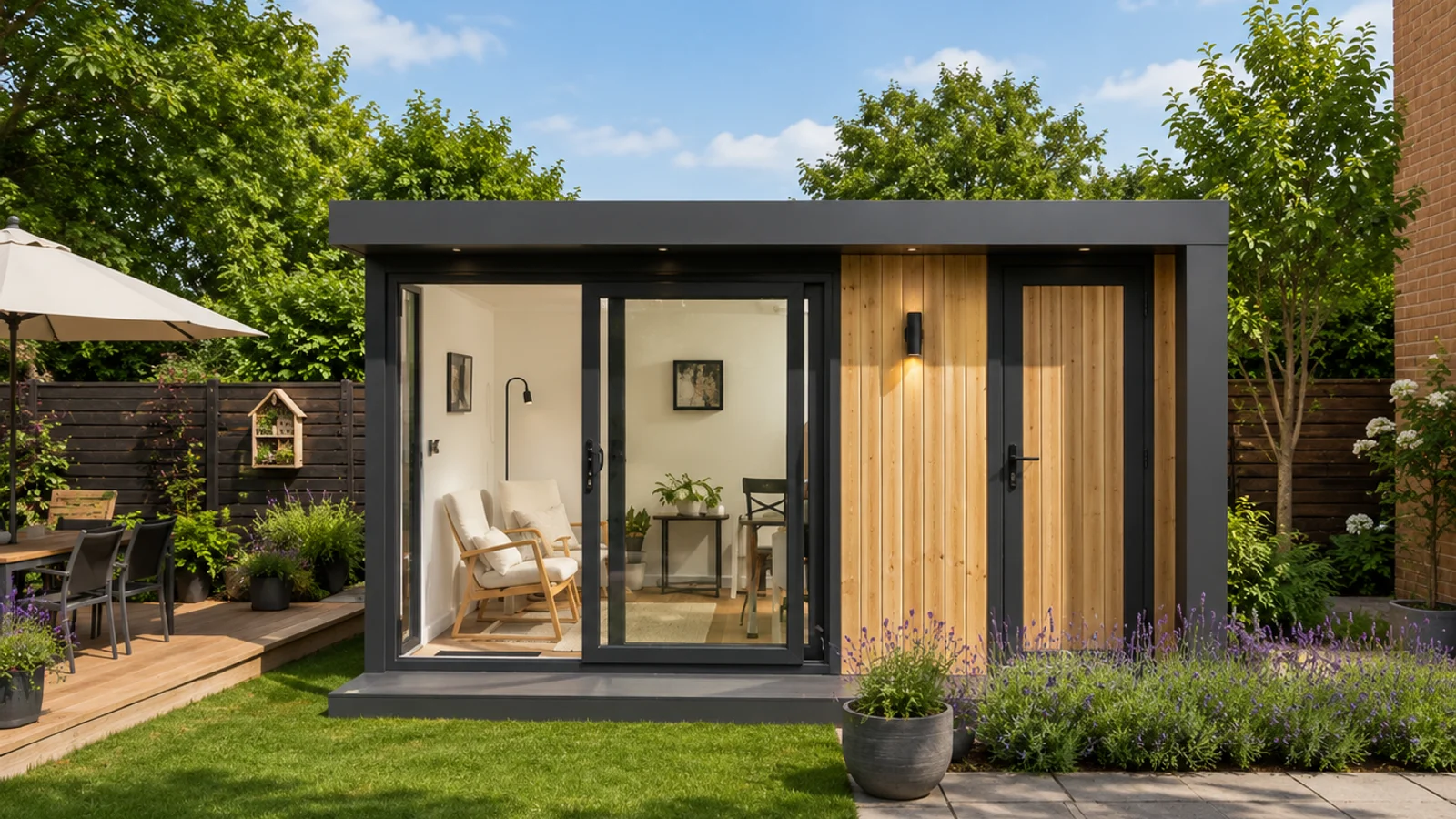 Completed timber-clad garden office in a Warwickshire garden in natural daylight