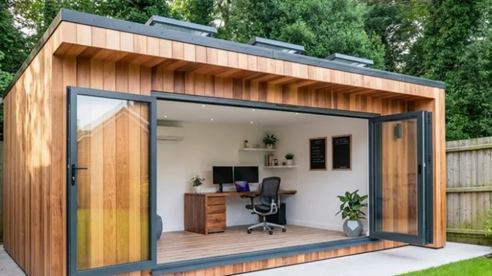 Garden office desk with dual monitors, keyboard and a garden view through the window
