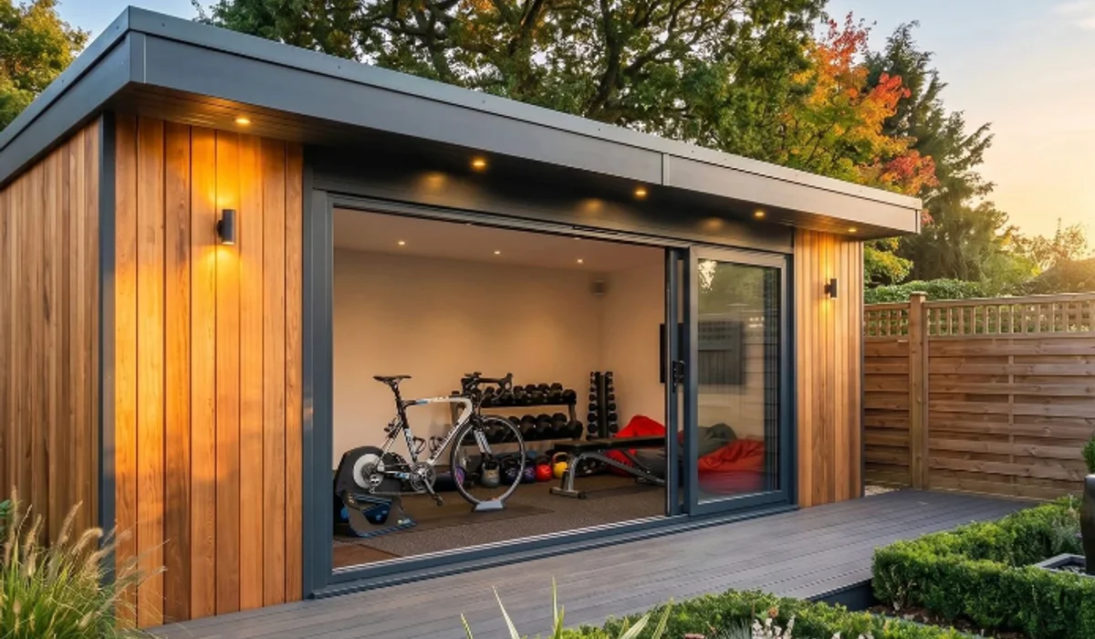 Interior of a Warwickshire bespoke garden gym with squat rack and rubber matting
